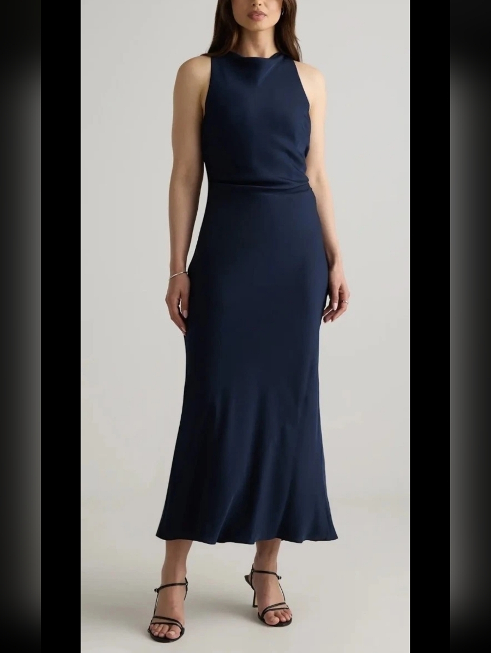 NWT Quince Washable Stretch Silk High Neck Midi Dress, Large, Navy
